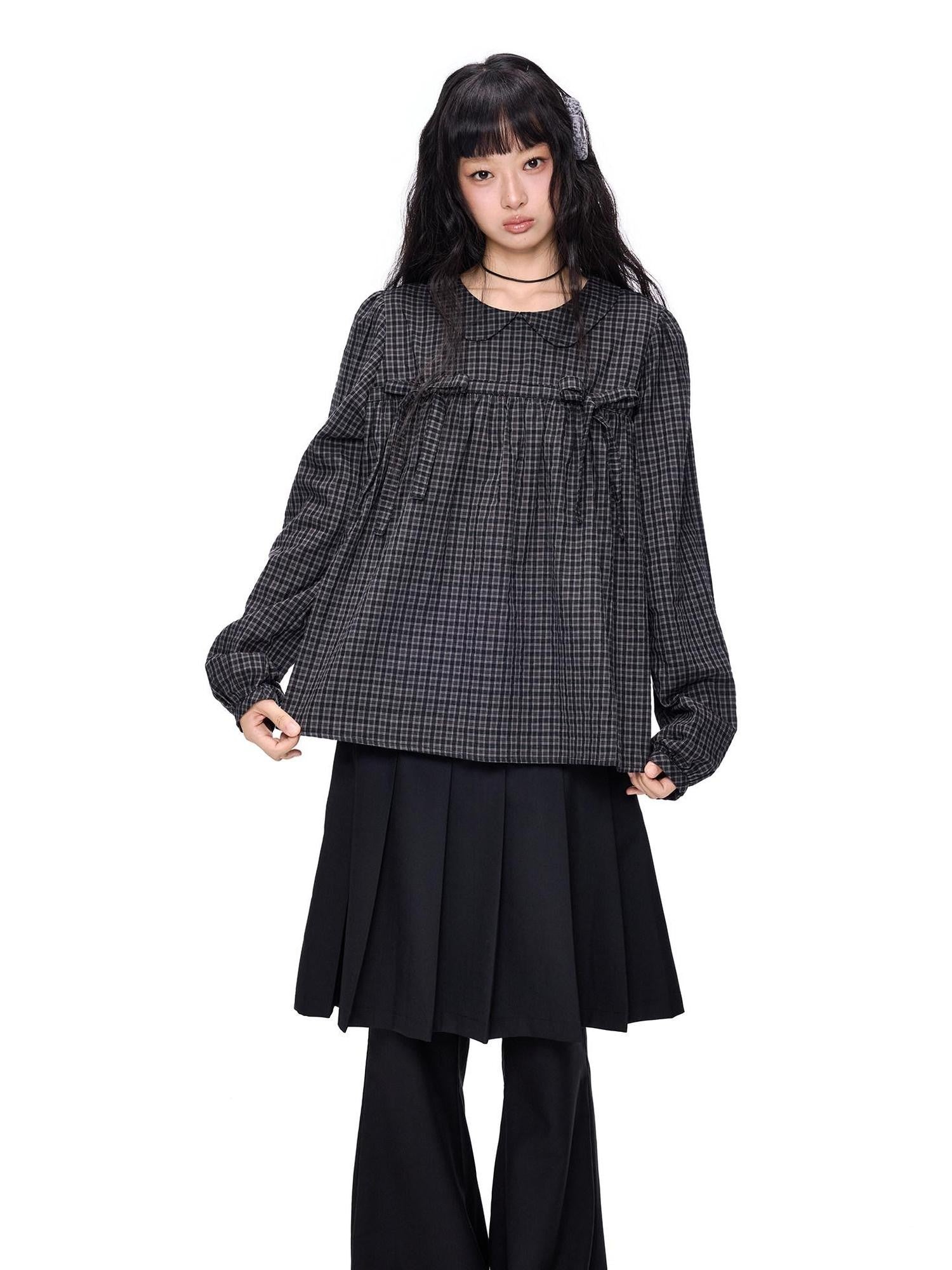 EZEK Black Grey Check Tie Front Peter Pan Collar Women's Cotton Blouses
