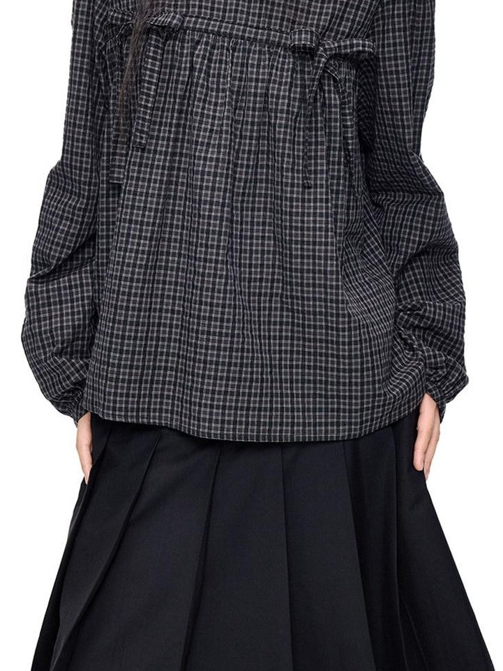EZEK Black Grey Check Tie Front Peter Pan Collar Women's Cotton Blouses