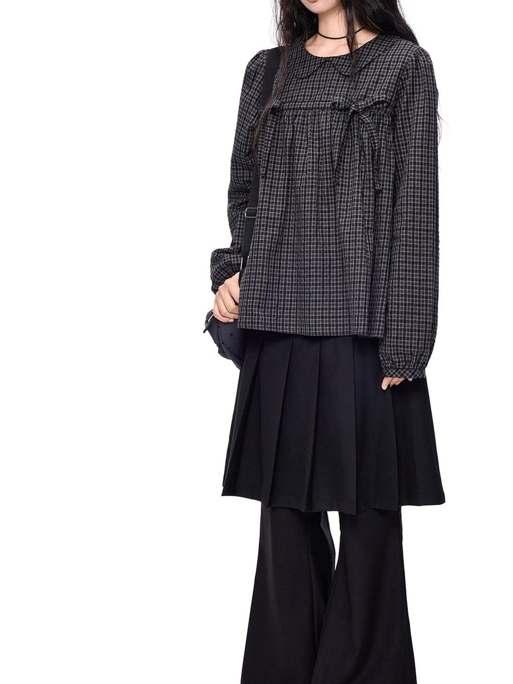 EZEK Black Grey Check Tie Front Peter Pan Collar Women's Cotton Blouses