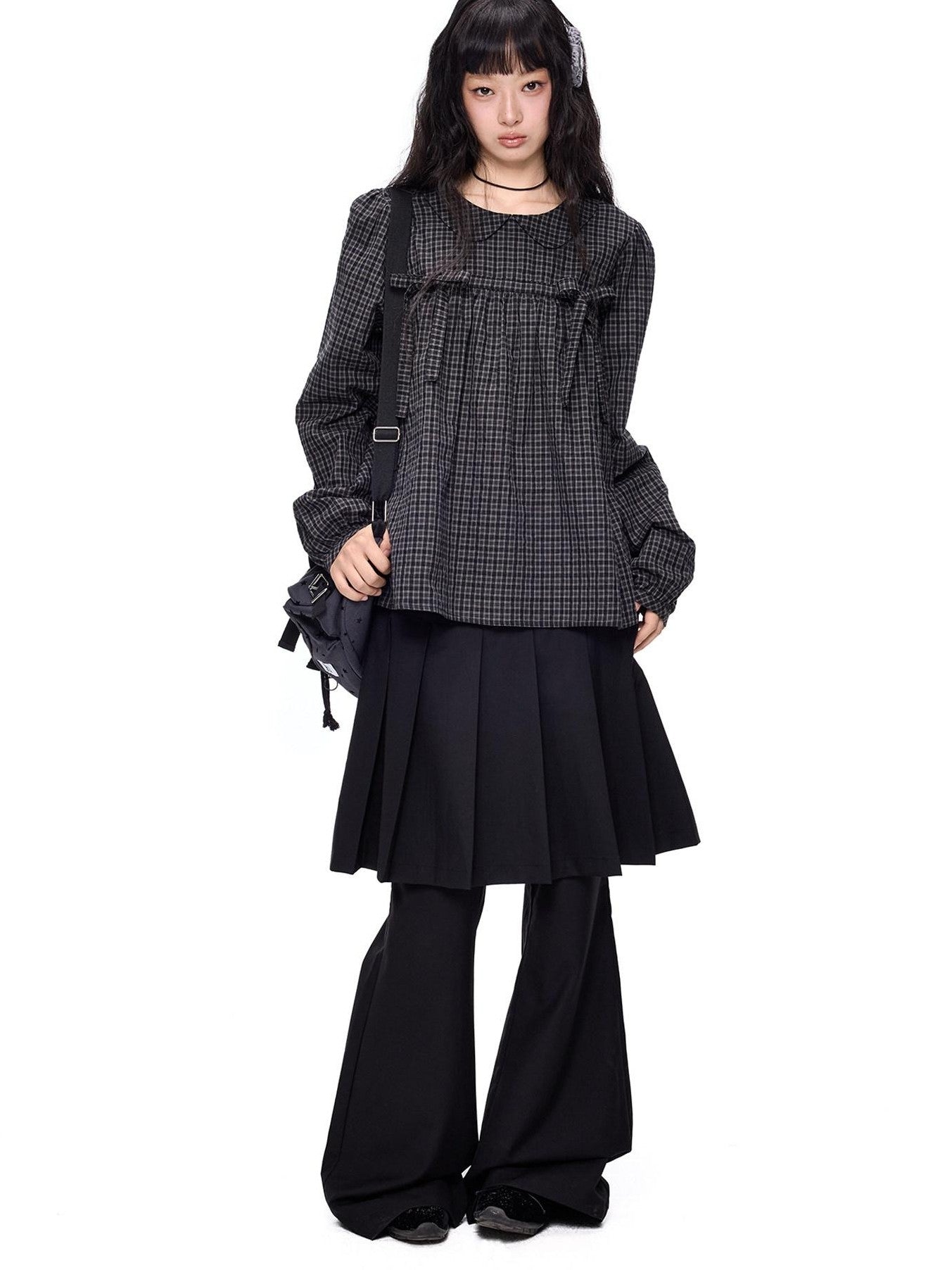 EZEK Black Grey Check Tie Front Peter Pan Collar Women's Cotton Blouses