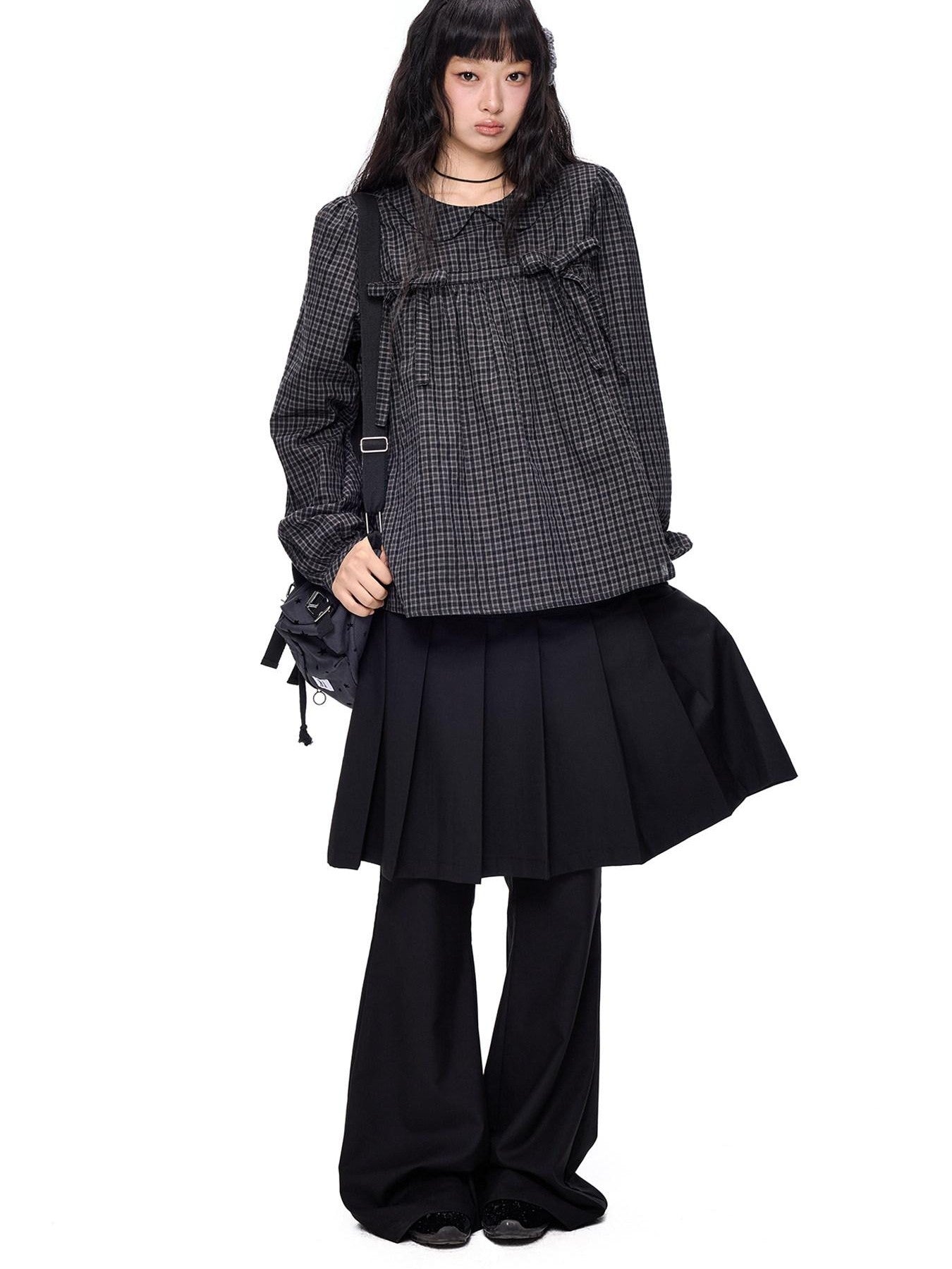 EZEK Black Grey Check Tie Front Peter Pan Collar Women's Cotton Blouses