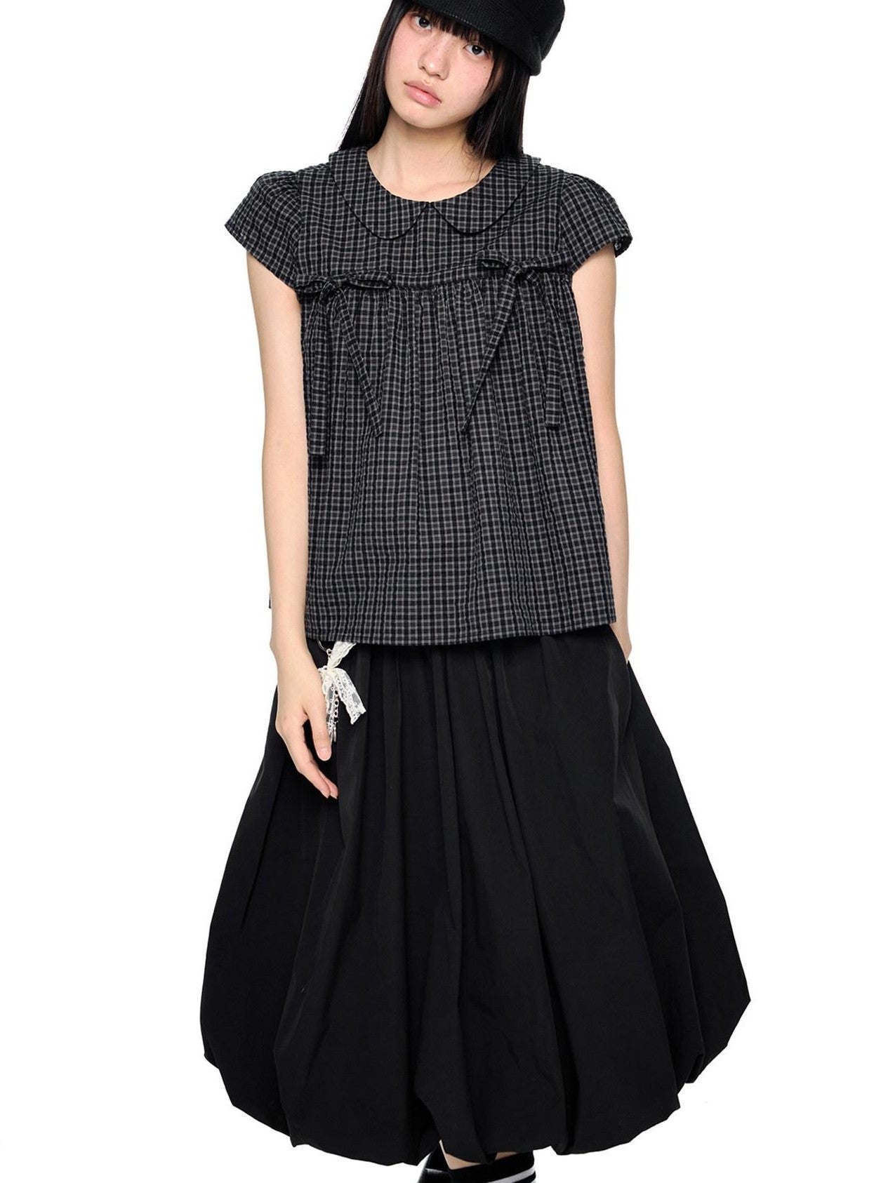 EZEK Black Grey Check Tie Front Peter Pan Collar Women's Cotton Blouses