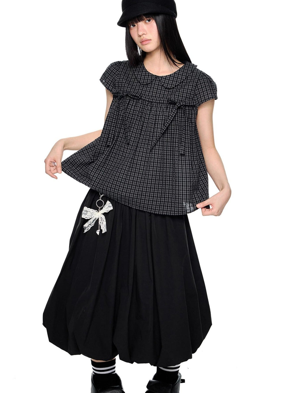 EZEK Black Grey Check Tie Front Peter Pan Collar Women's Cotton Blouses