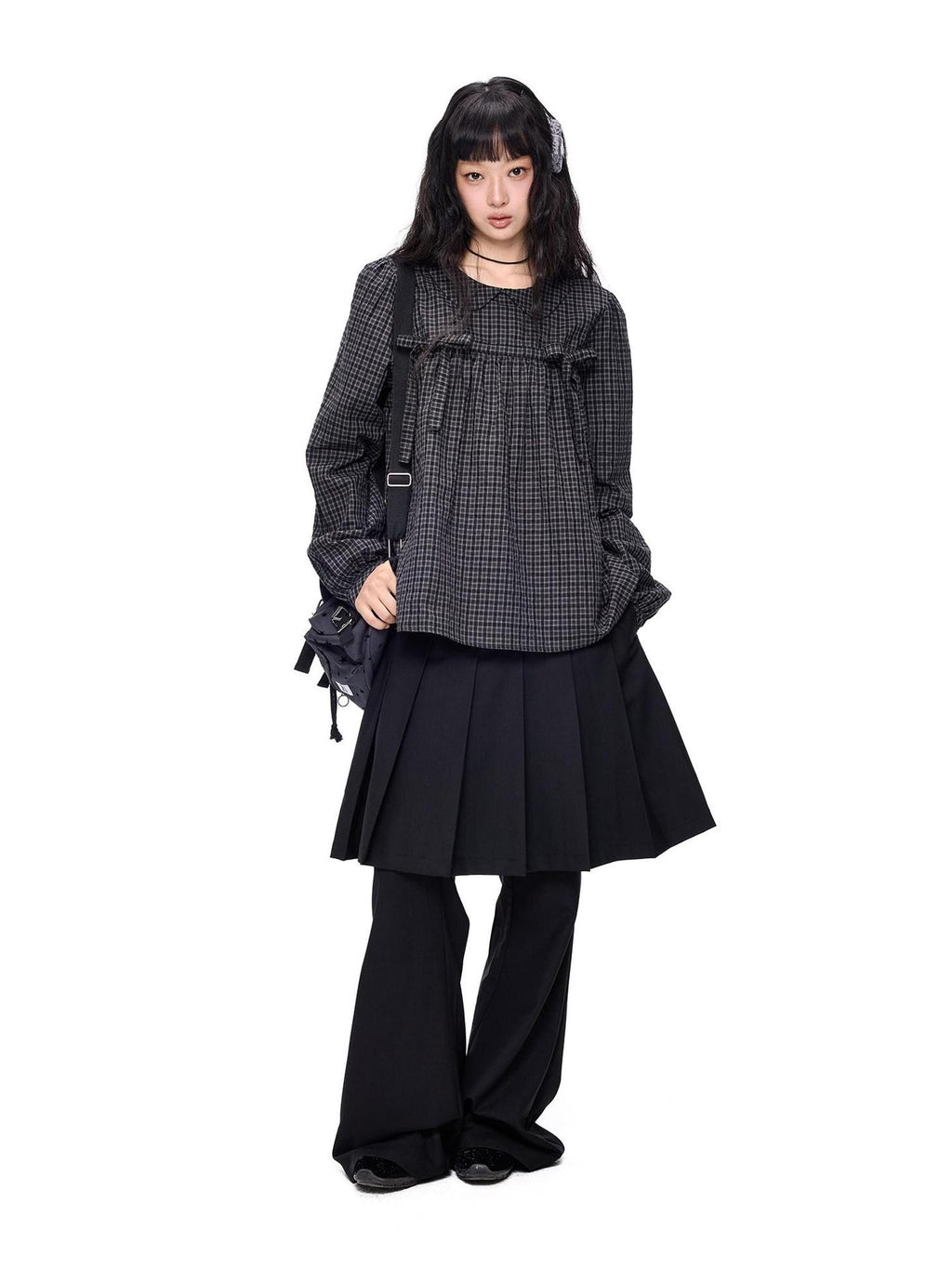 EZEK Black Grey Check Tie Front Peter Pan Collar Women's Cotton Blouses