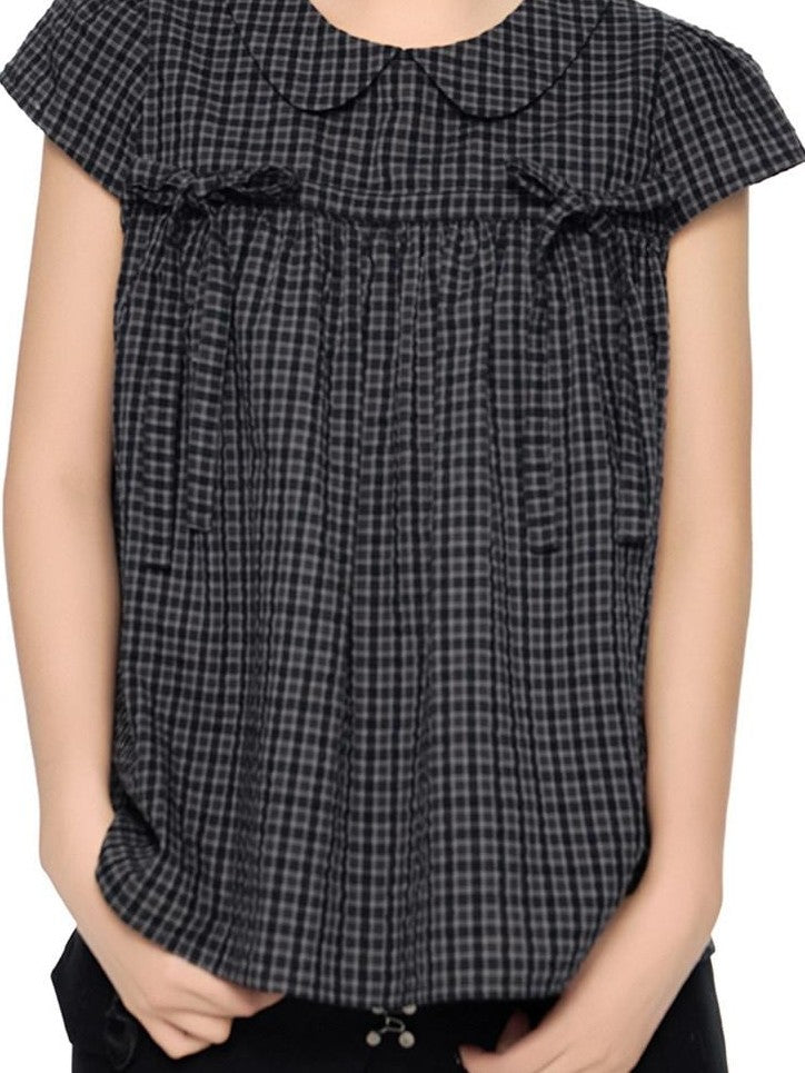 EZEK Black Grey Check Tie Front Peter Pan Collar Women's Cotton Blouses
