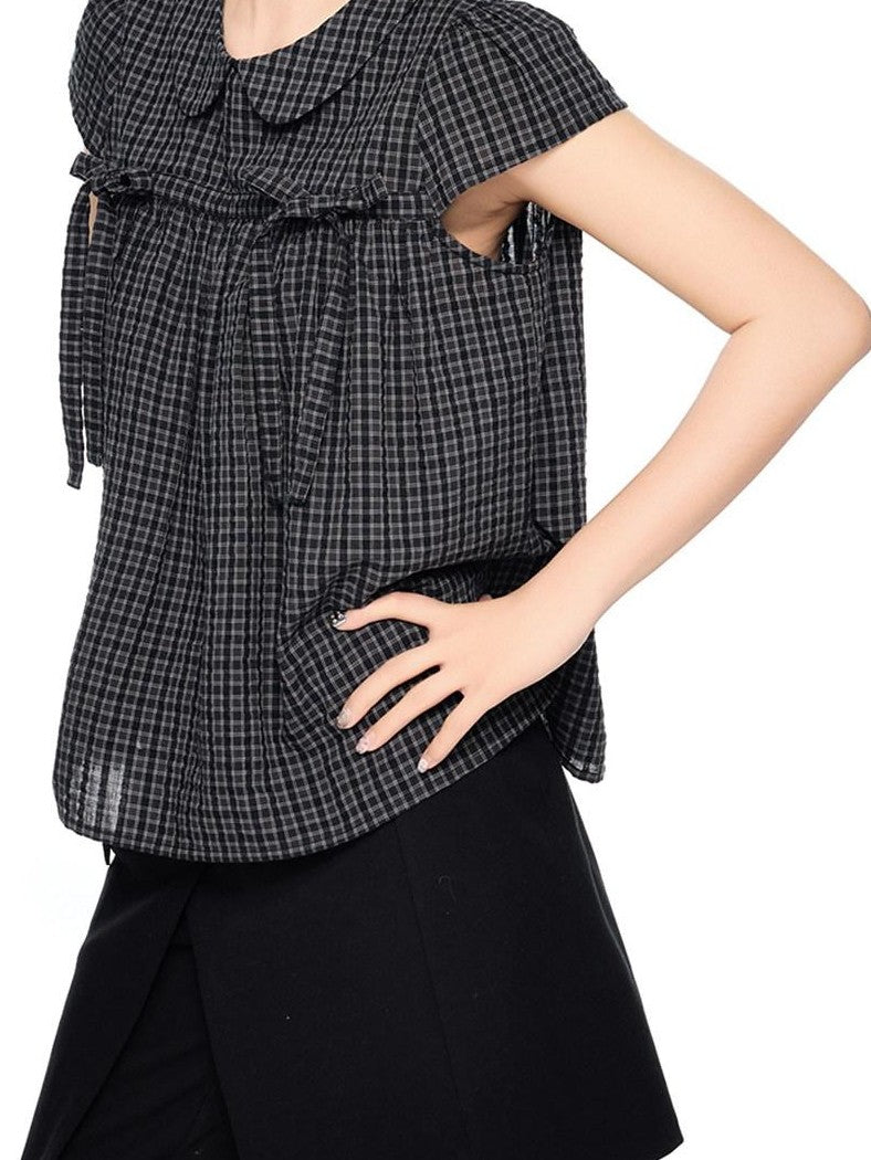 EZEK Black Grey Check Tie Front Peter Pan Collar Women's Cotton Blouses
