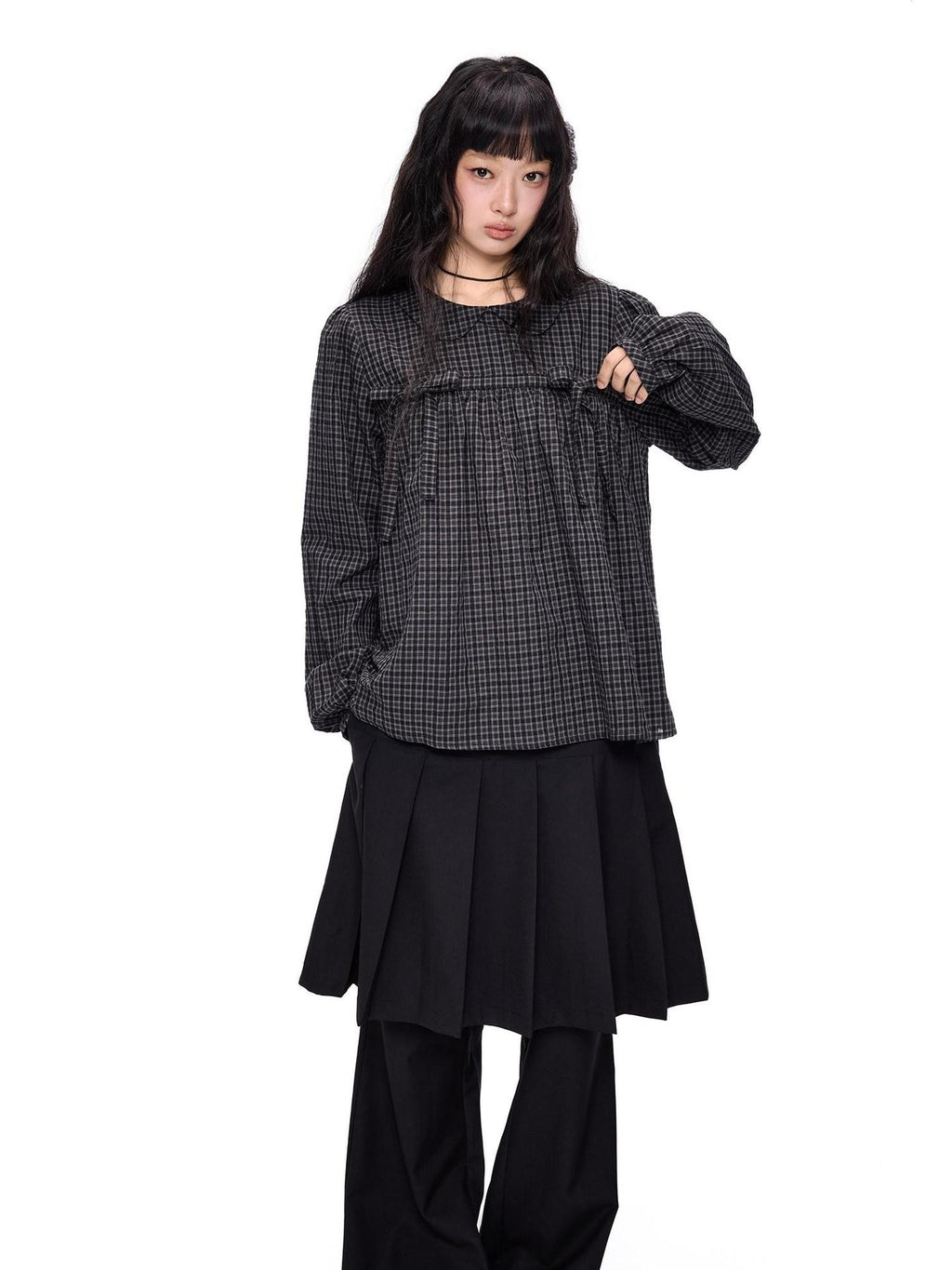 EZEK Black Grey Check Tie Front Peter Pan Collar Women's Cotton Blouses