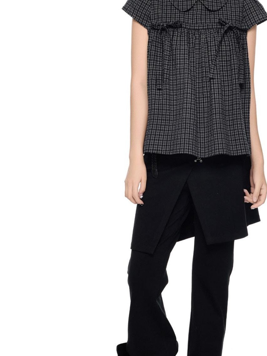 EZEK Black Grey Check Tie Front Peter Pan Collar Women's Cotton Blouses
