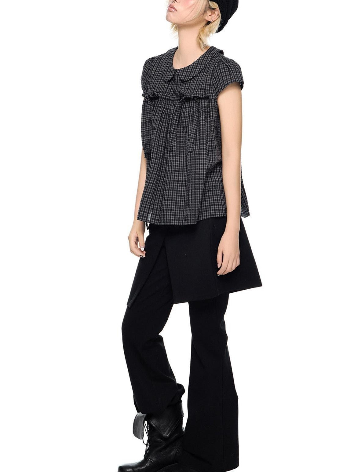 EZEK Black Grey Check Tie Front Peter Pan Collar Women's Cotton Blouses