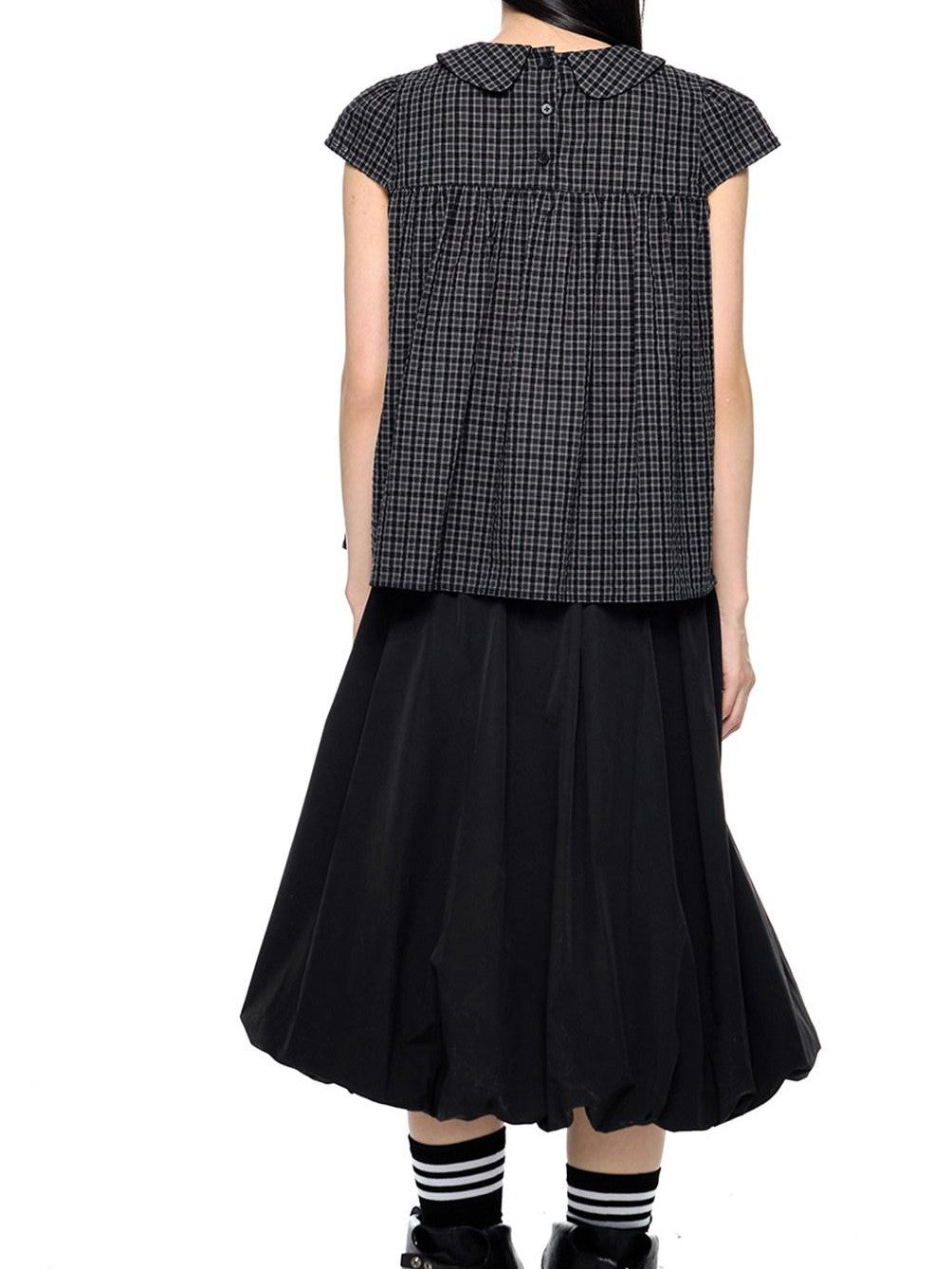 EZEK Black Grey Check Tie Front Peter Pan Collar Women's Cotton Blouses