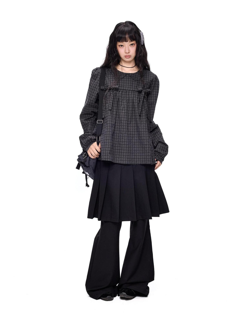 EZEK Black Grey Check Tie Front Peter Pan Collar Women's Cotton Blouses