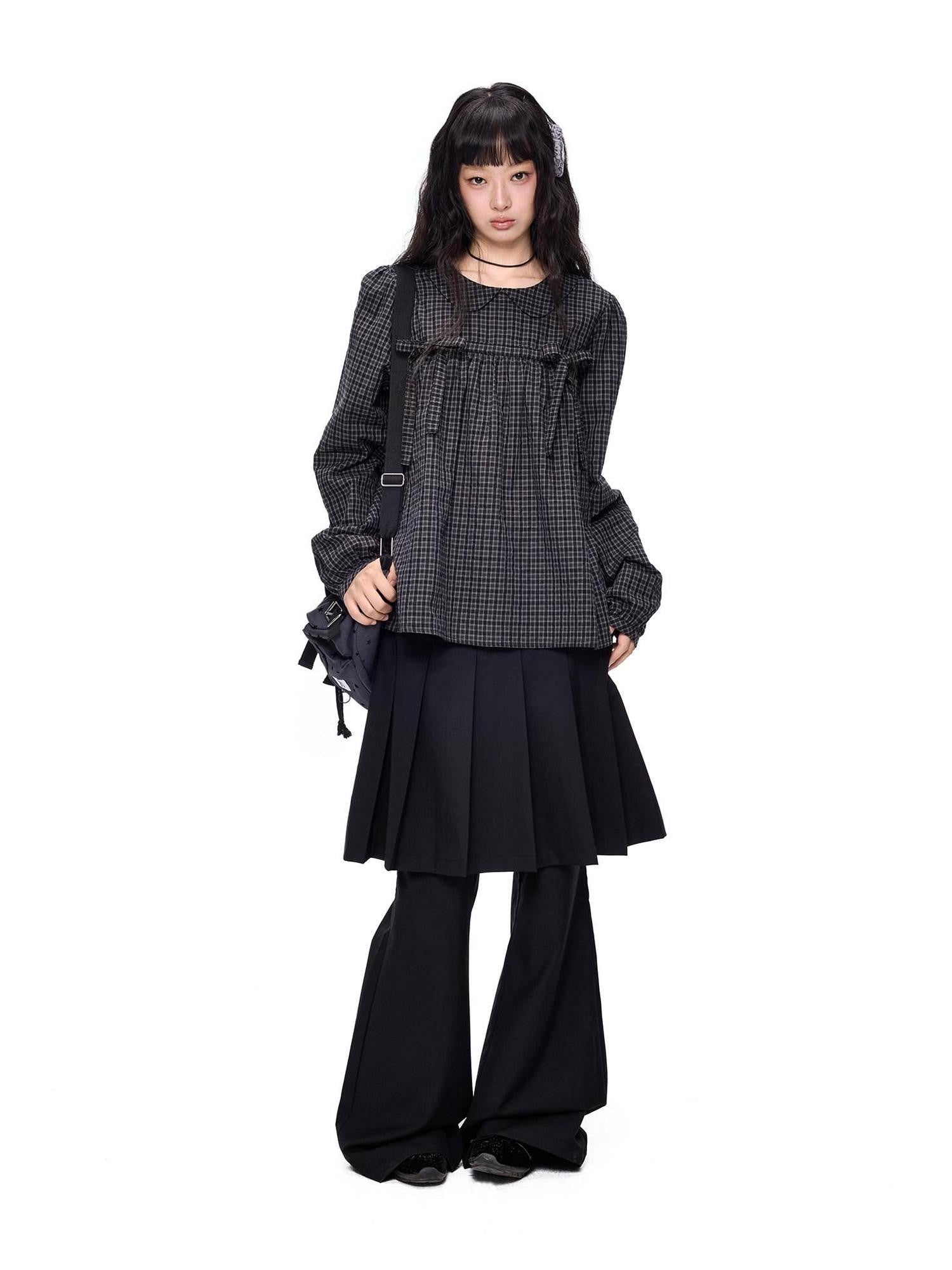 EZEK Black Grey Check Tie Front Peter Pan Collar Women's Cotton Blouses