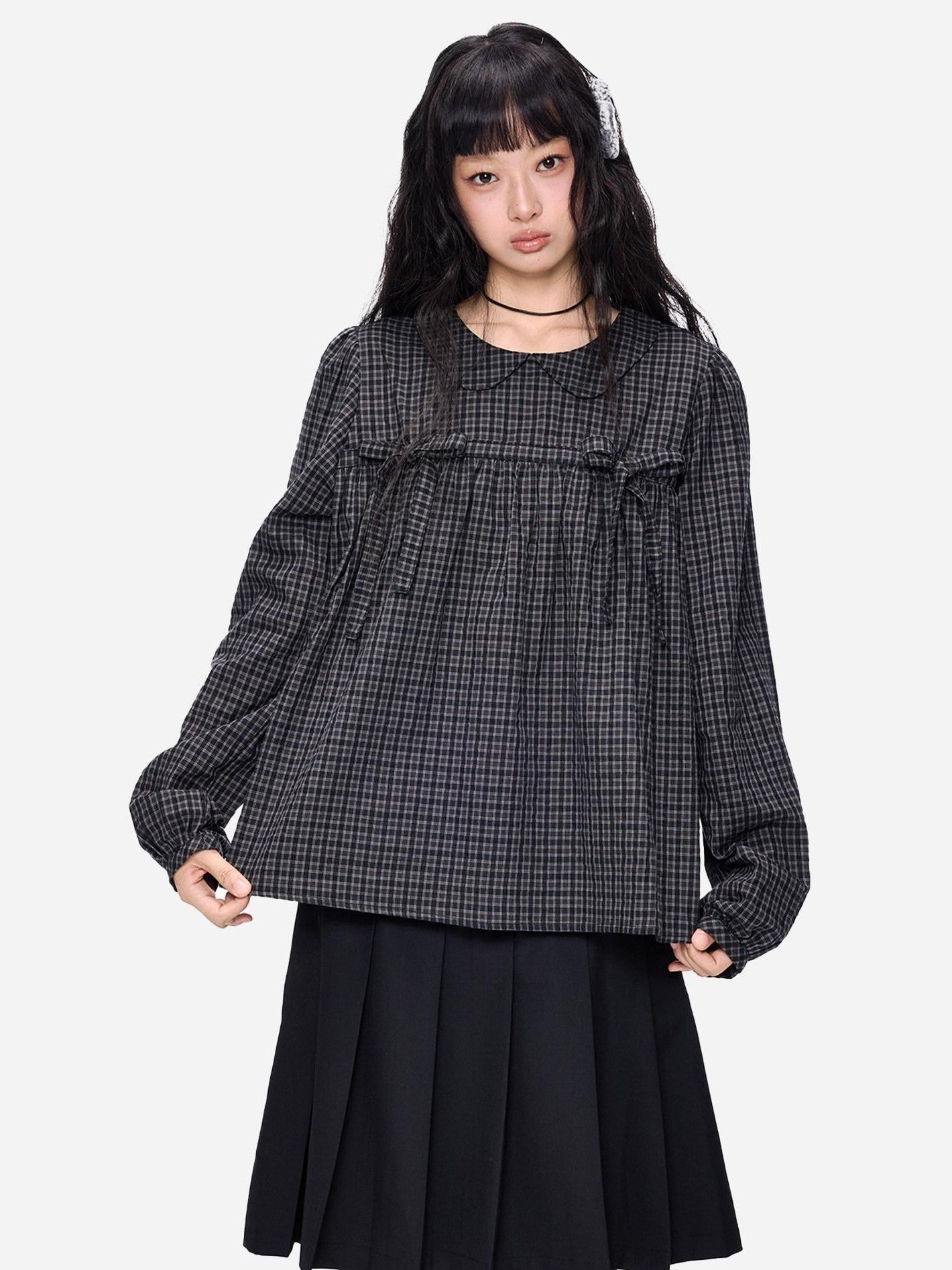EZEK Black Grey Check Tie Front Peter Pan Collar Women's Cotton Blouses