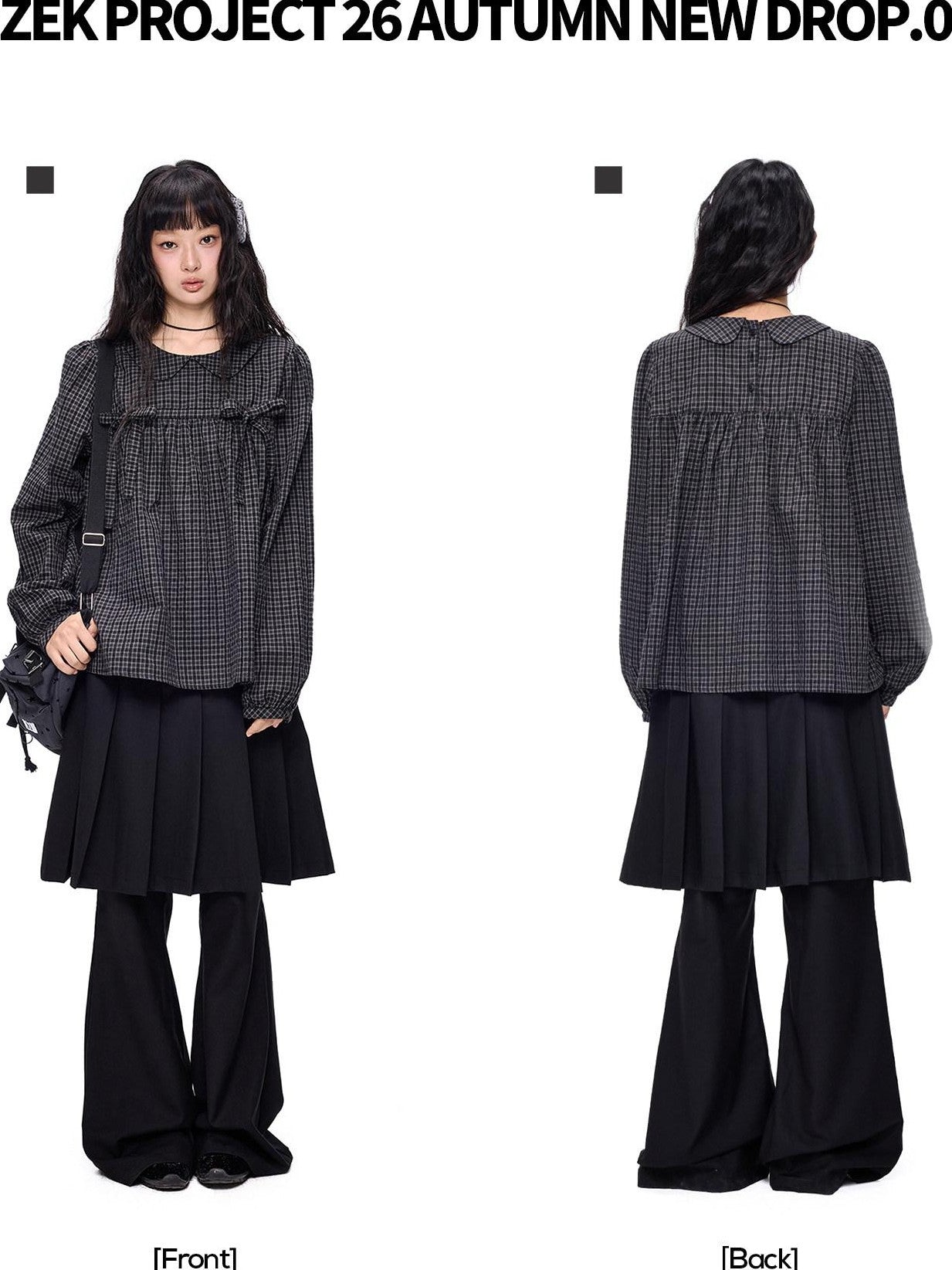 EZEK Black Grey Check Tie Front Peter Pan Collar Women's Cotton Blouses
