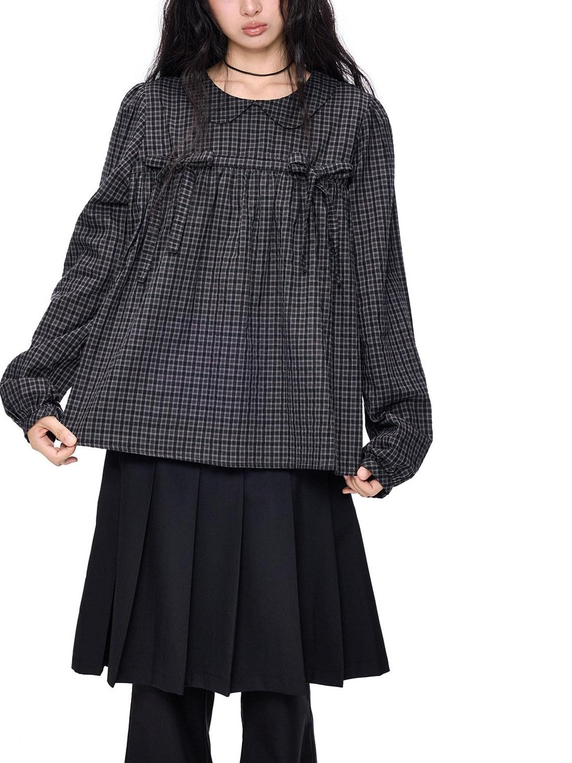 EZEK Black Grey Check Tie Front Peter Pan Collar Women's Cotton Blouses