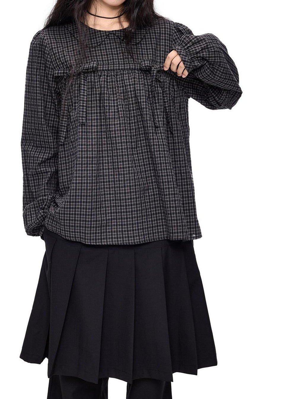 EZEK Black Grey Check Tie Front Peter Pan Collar Women's Cotton Blouses