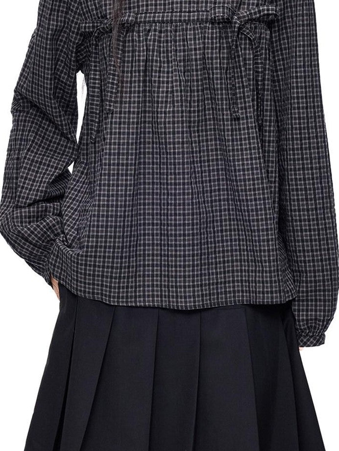 EZEK Black Grey Check Tie Front Peter Pan Collar Women's Cotton Blouses