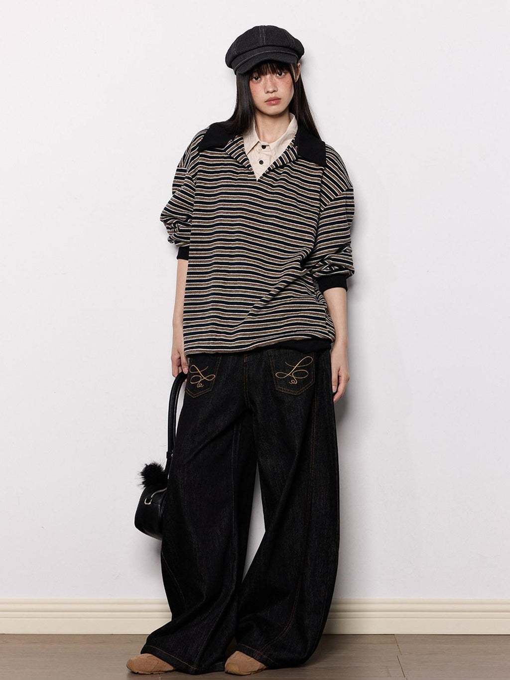 EZEK Black Machine Embroidered Loose Fit Women's Cotton Blend Wide-leg Jeans
