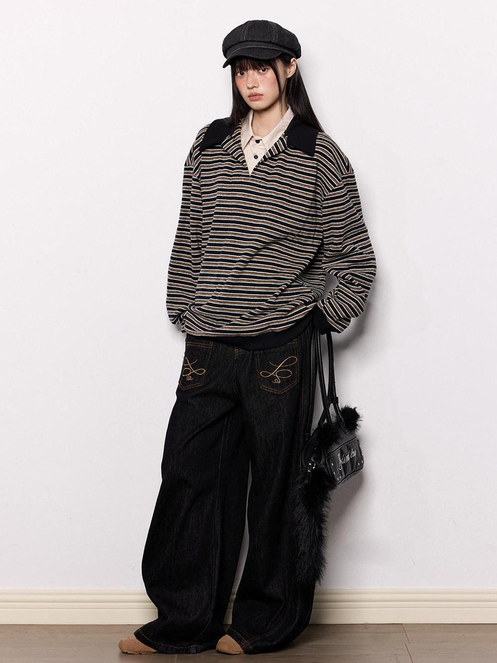 EZEK Black Machine Embroidered Loose Fit Women's Cotton Blend Wide-leg Jeans