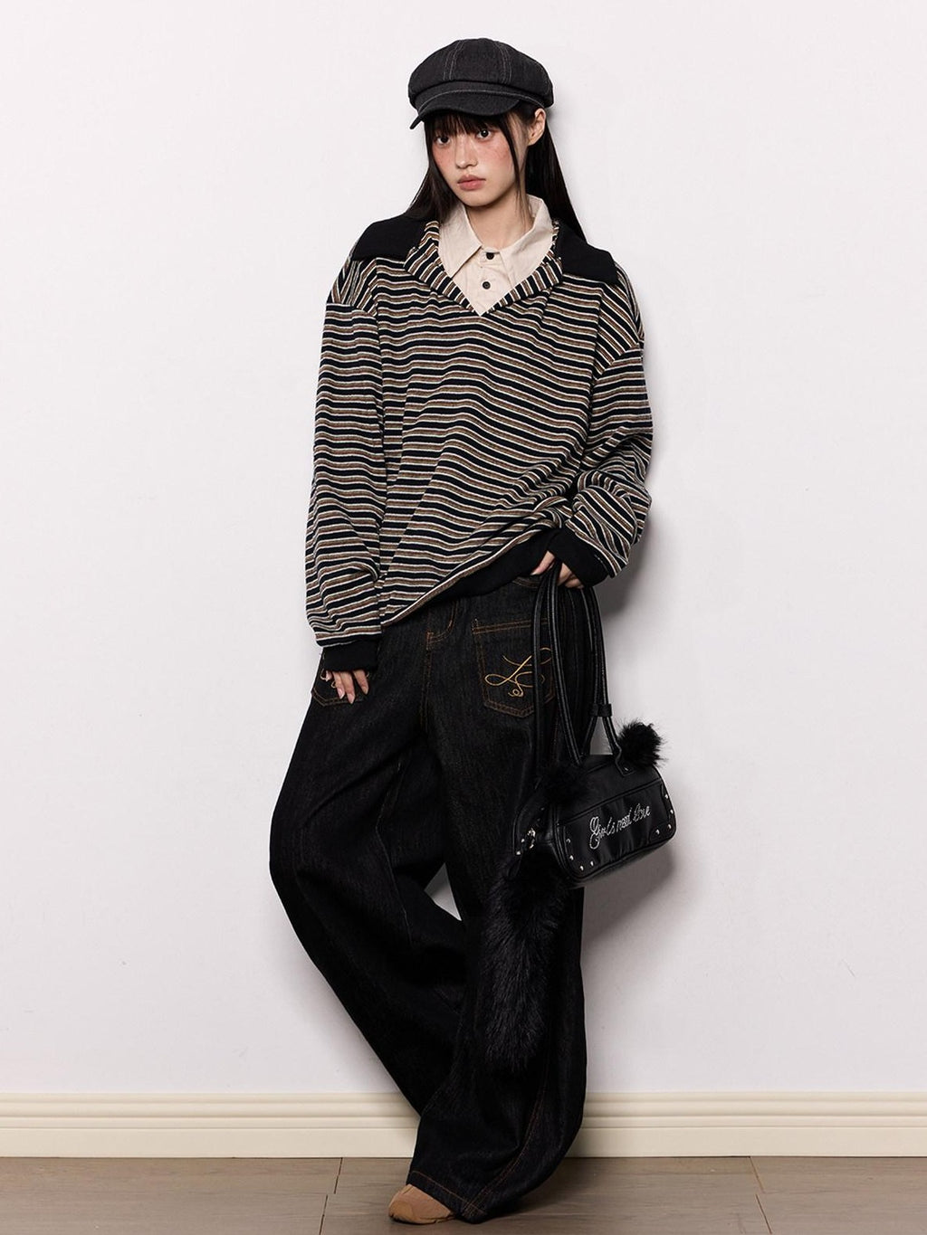 EZEK Black Machine Embroidered Loose Fit Women's Cotton Blend Wide-leg Jeans