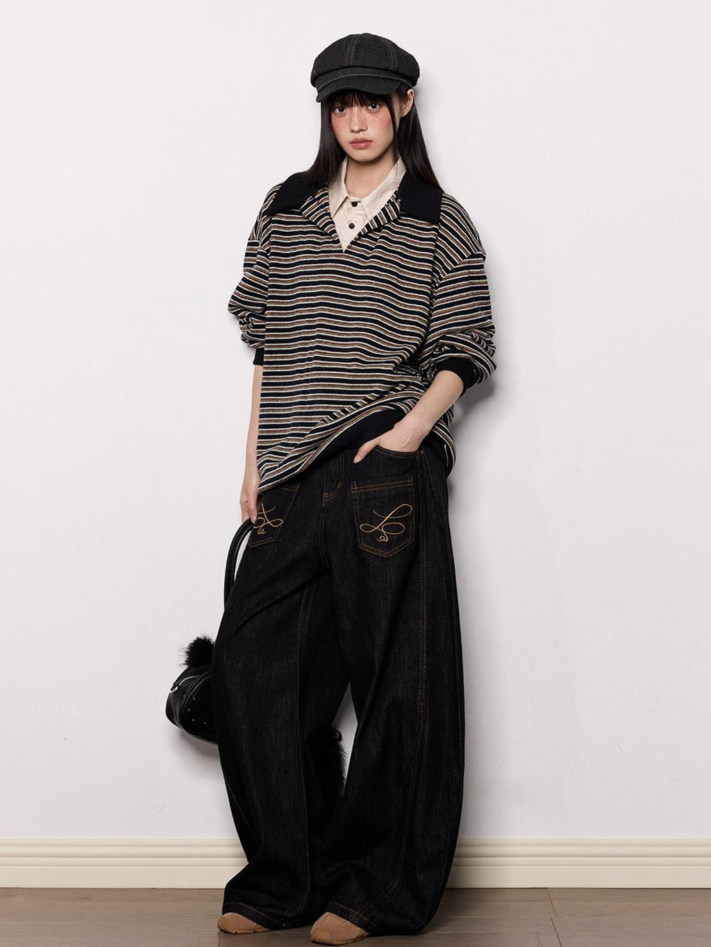 EZEK Black Machine Embroidered Loose Fit Women's Cotton Blend Wide-leg Jeans