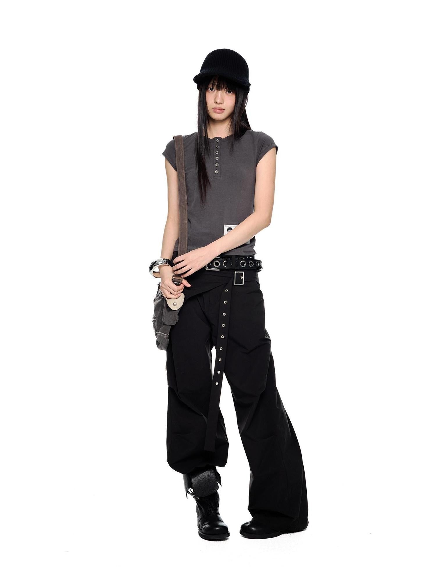 EZEK Black Patchwork Pleated Waist Pocket Casual Women's Polyester Straight-leg Pants