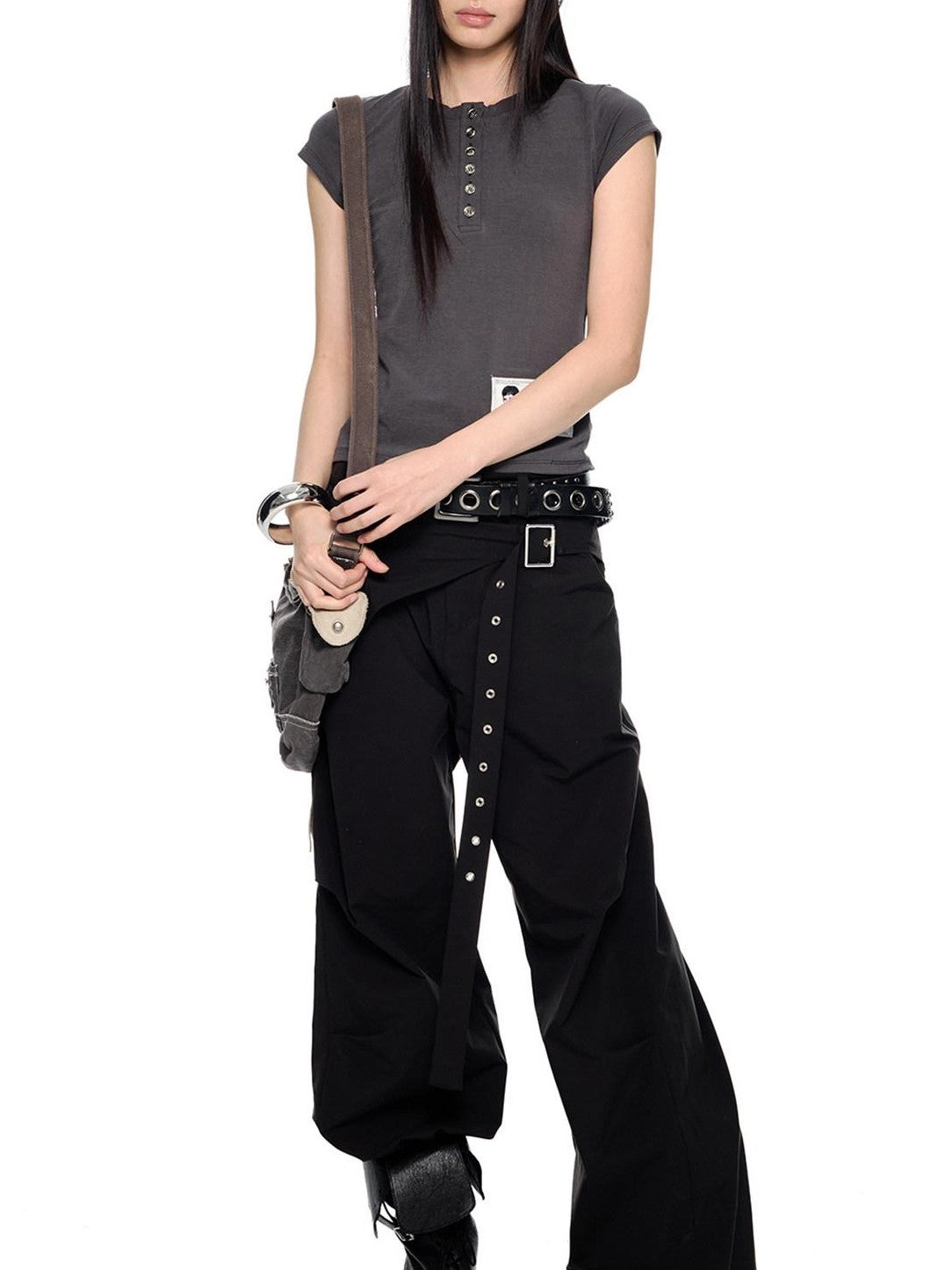 EZEK Black Patchwork Pleated Waist Pocket Casual Women's Polyester Straight-leg Pants