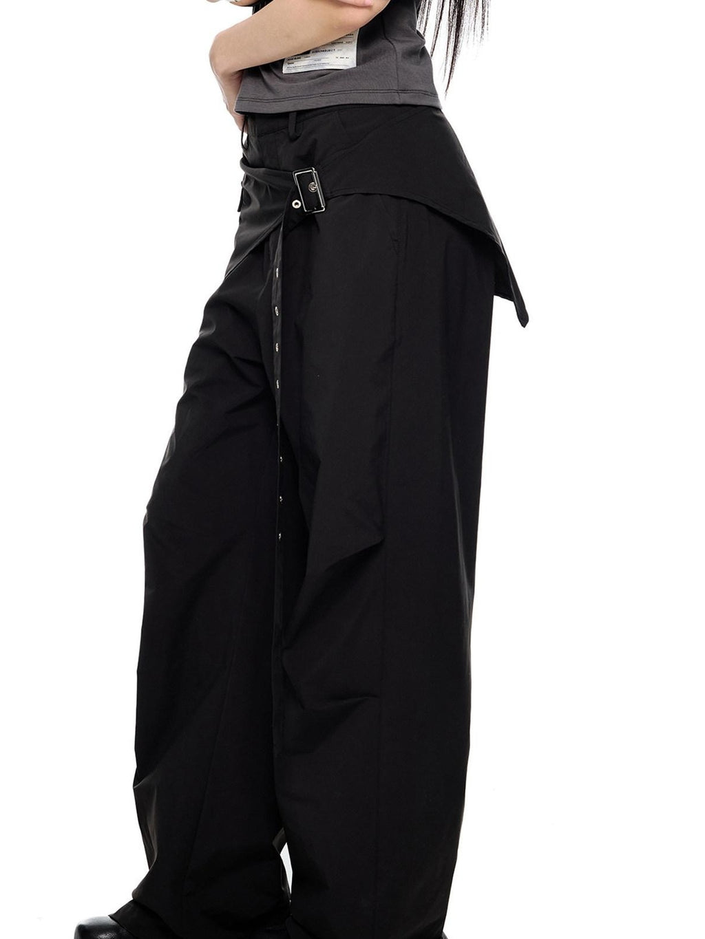 EZEK Black Patchwork Pleated Waist Pocket Casual Women's Polyester Straight-leg Pants
