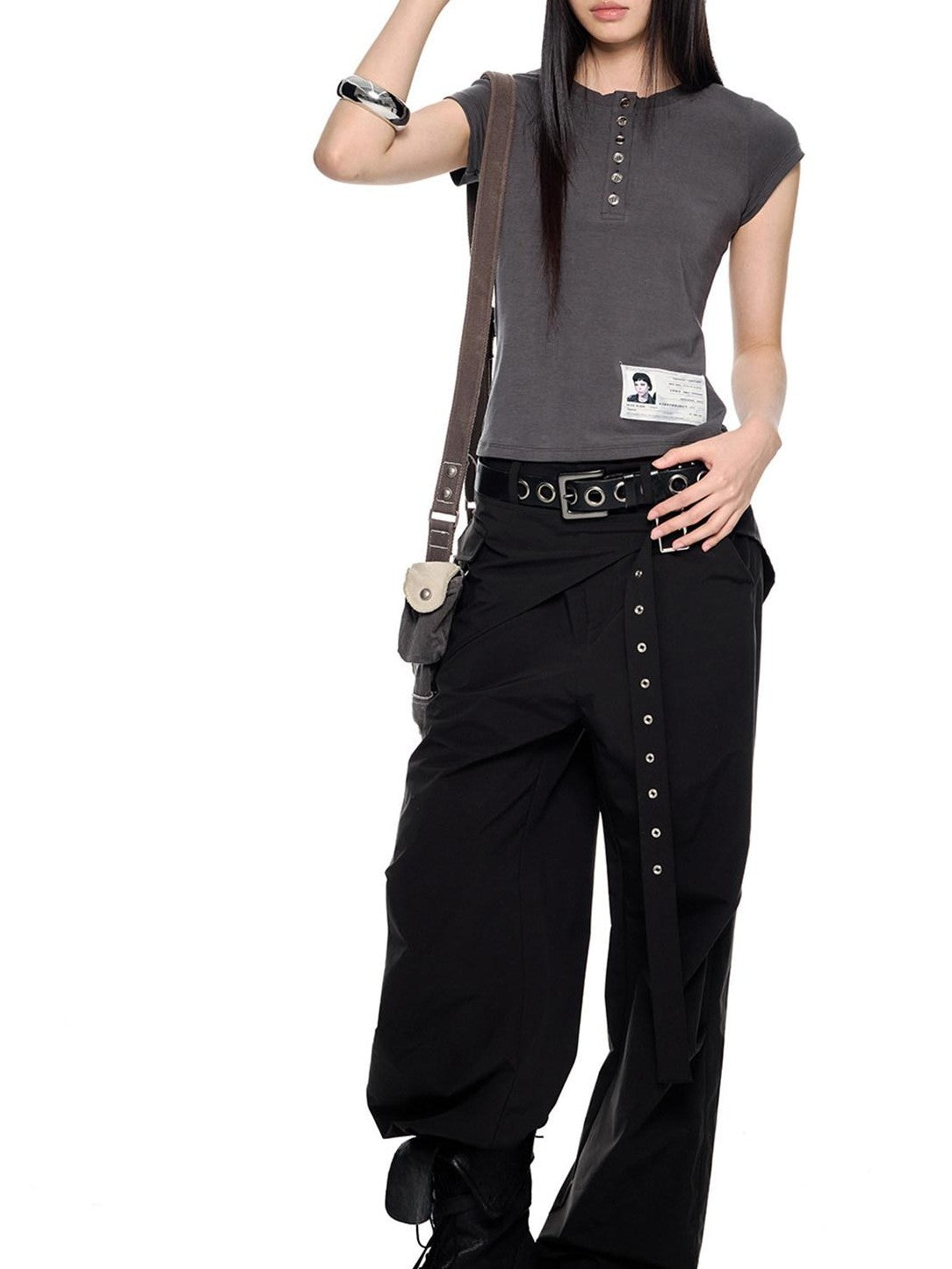 EZEK Black Patchwork Pleated Waist Pocket Casual Women's Polyester Straight-leg Pants