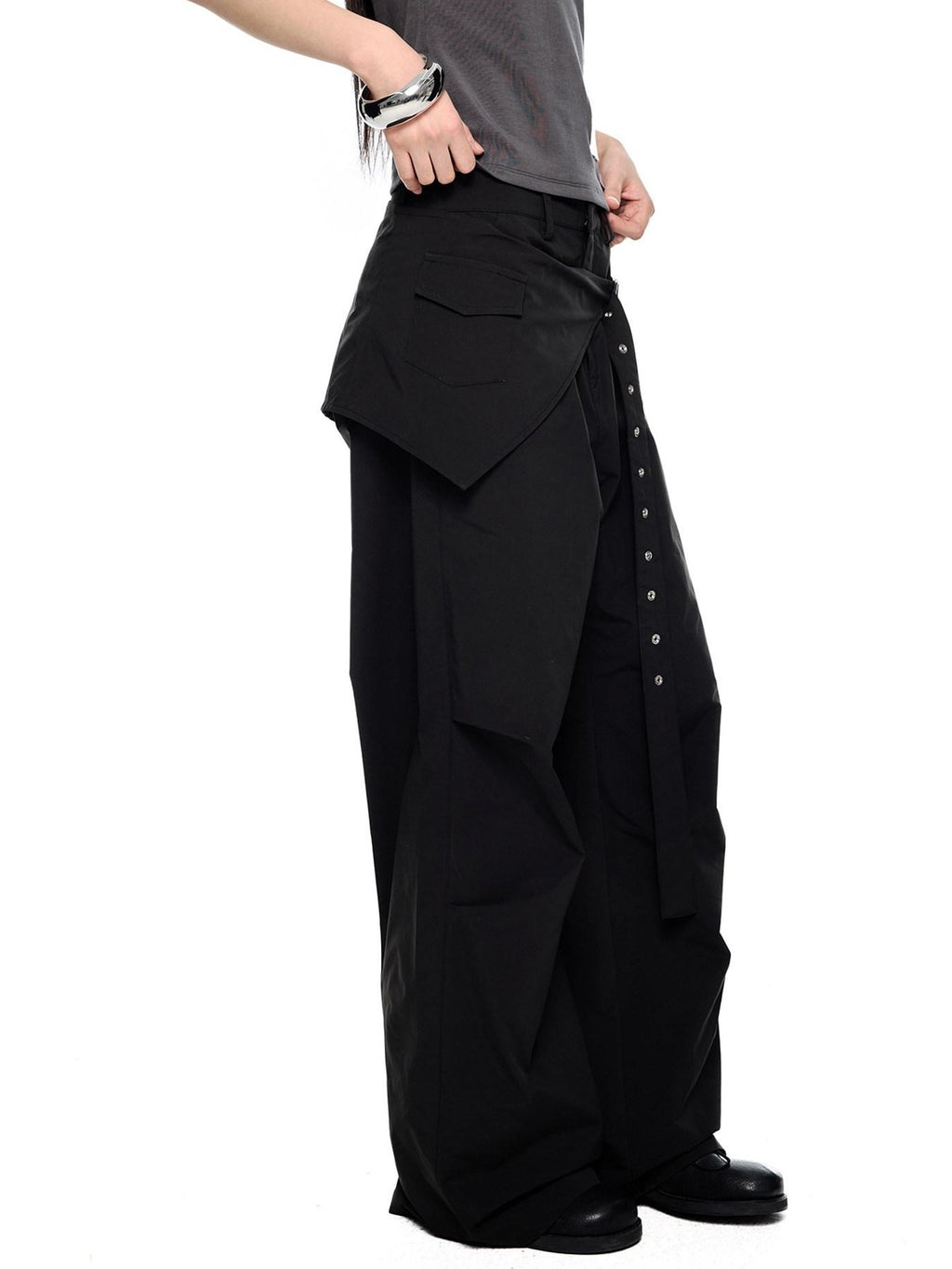 EZEK Black Patchwork Pleated Waist Pocket Casual Women's Polyester Straight-leg Pants