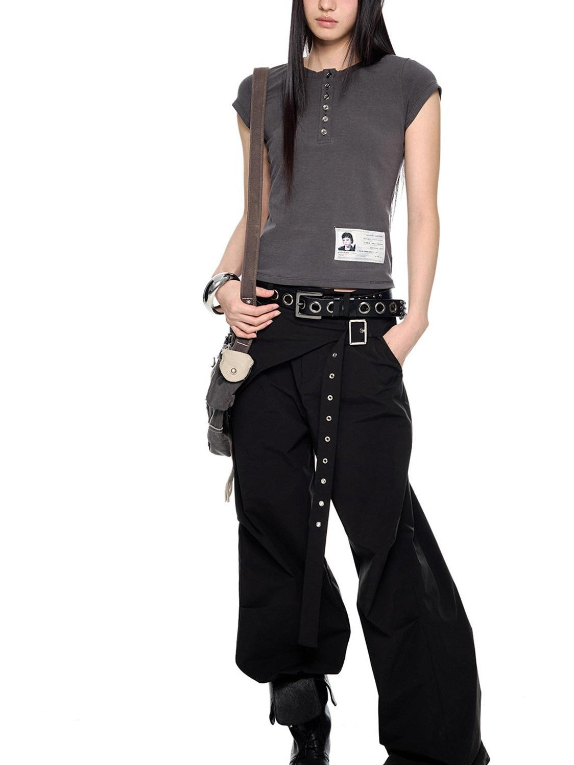 EZEK Black Patchwork Pleated Waist Pocket Casual Women's Polyester Straight-leg Pants