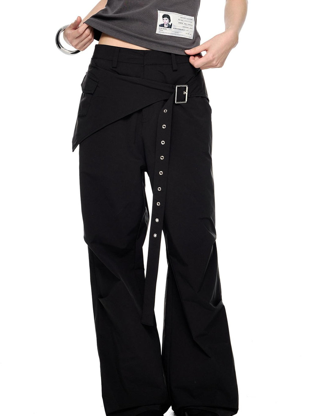 EZEK Black Patchwork Pleated Waist Pocket Casual Women's Polyester Straight-leg Pants