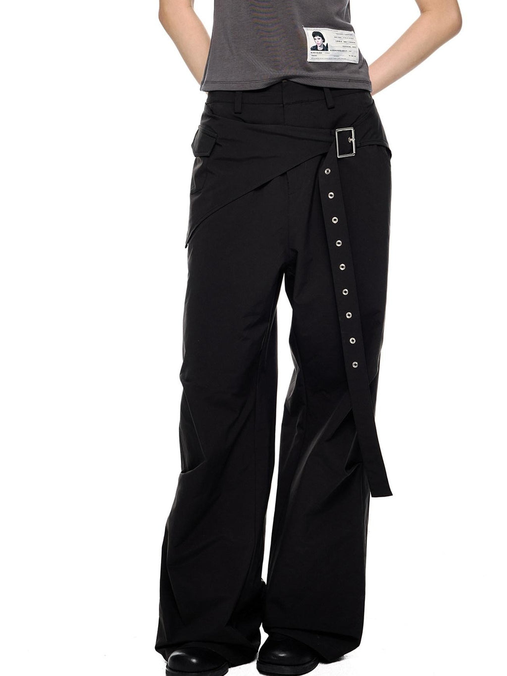 EZEK Black Patchwork Pleated Waist Pocket Casual Women's Polyester Straight-leg Pants