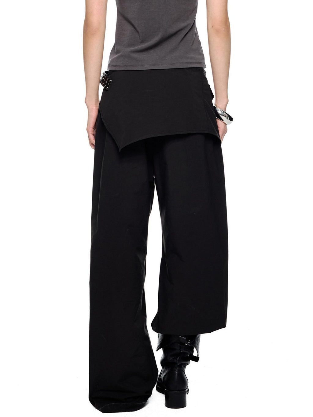 EZEK Black Patchwork Pleated Waist Pocket Casual Women's Polyester Straight-leg Pants