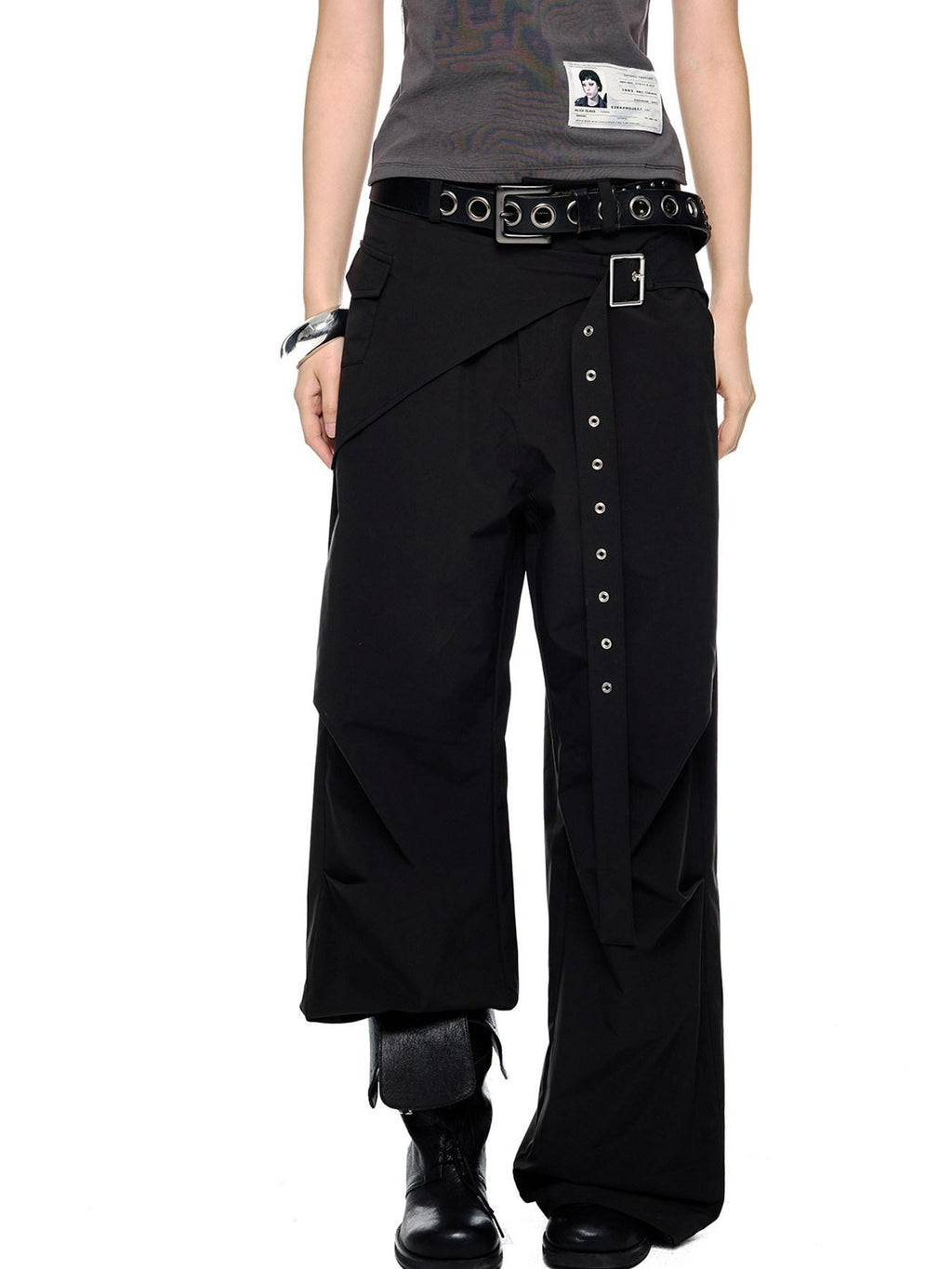 EZEK Black Patchwork Pleated Waist Pocket Casual Women's Polyester Straight-leg Pants