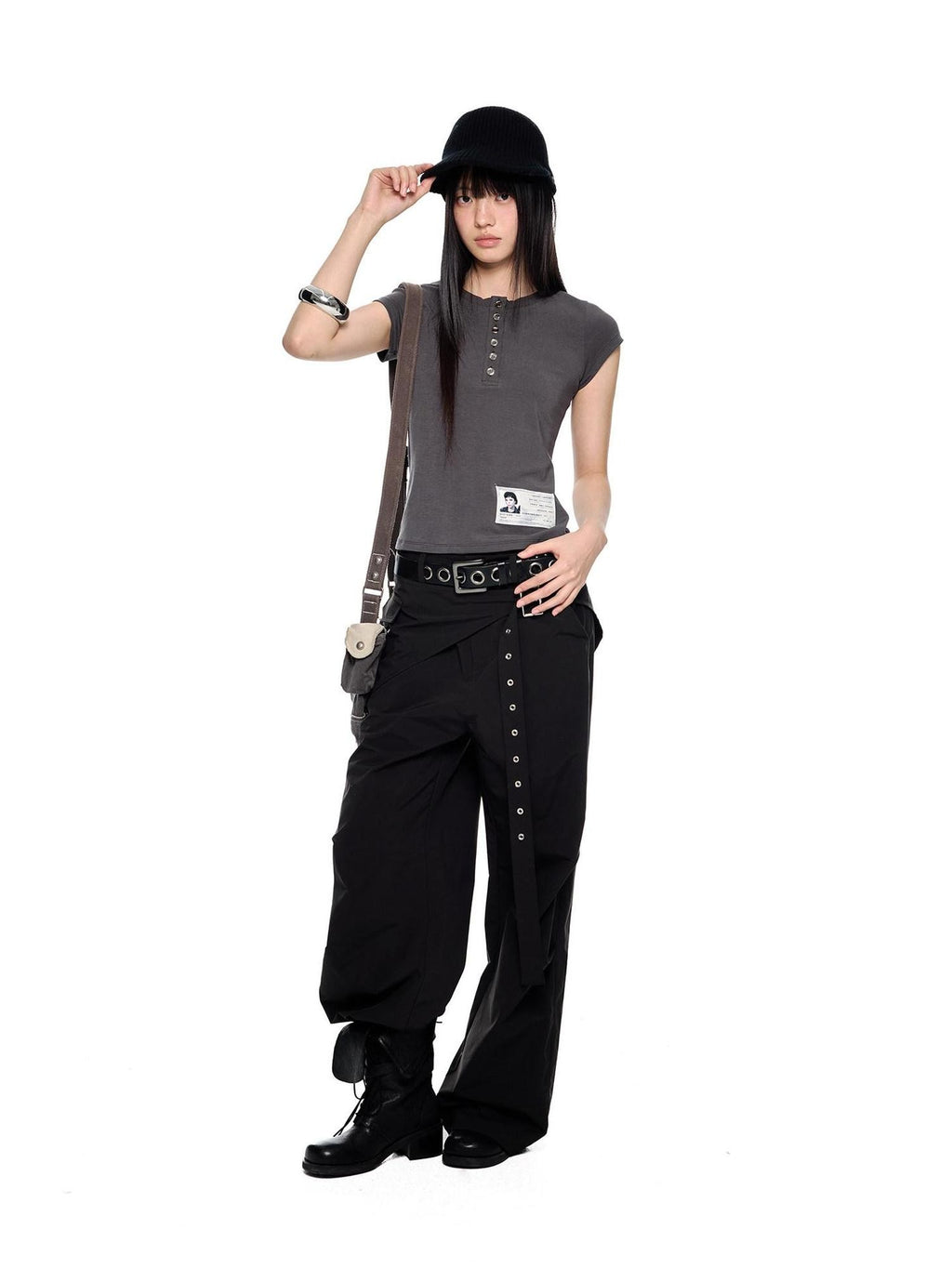 EZEK Black Patchwork Pleated Waist Pocket Casual Women's Polyester Straight-leg Pants