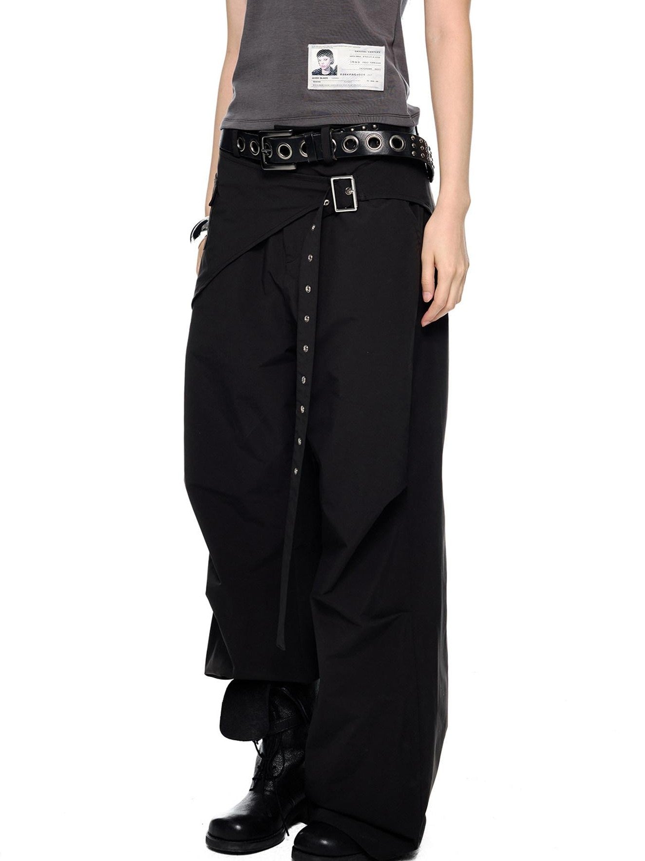 EZEK Black Patchwork Pleated Waist Pocket Casual Women's Polyester Straight-leg Pants
