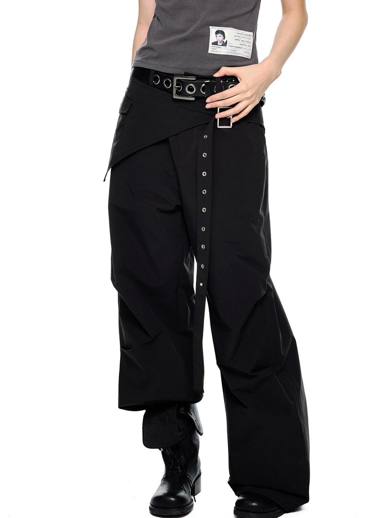 EZEK Black Patchwork Pleated Waist Pocket Casual Women's Polyester Straight-leg Pants