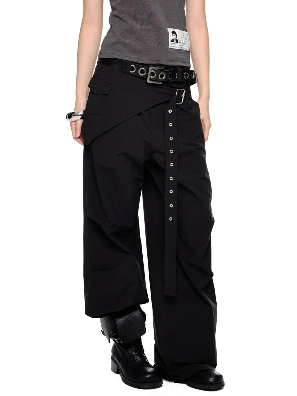 EZEK Black Patchwork Pleated Waist Pocket Casual Women's Polyester Straight-leg Pants