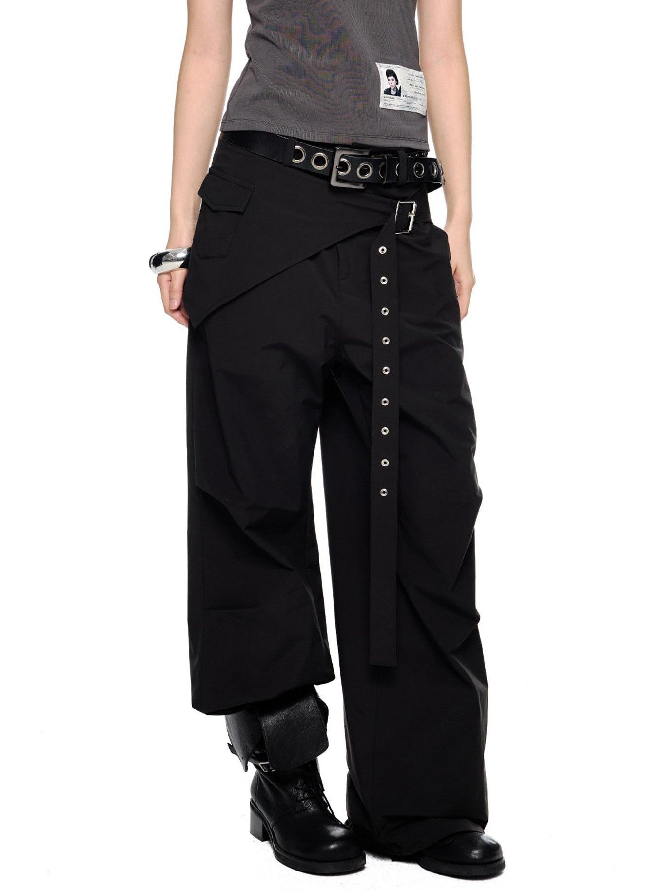 EZEK Black Patchwork Pleated Waist Pocket Casual Women's Polyester Straight-leg Pants