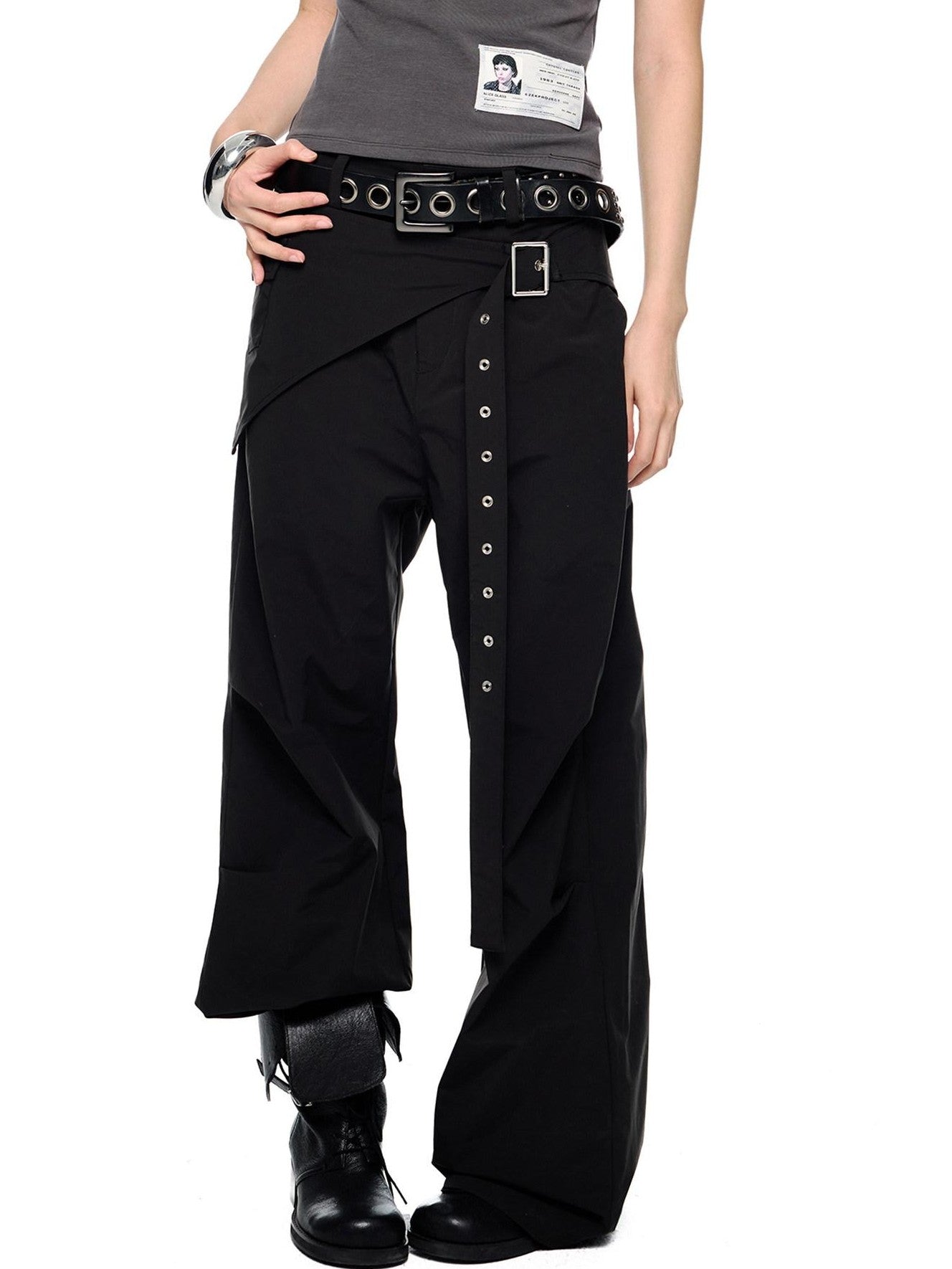 EZEK Black Patchwork Pleated Waist Pocket Casual Women's Polyester Straight-leg Pants