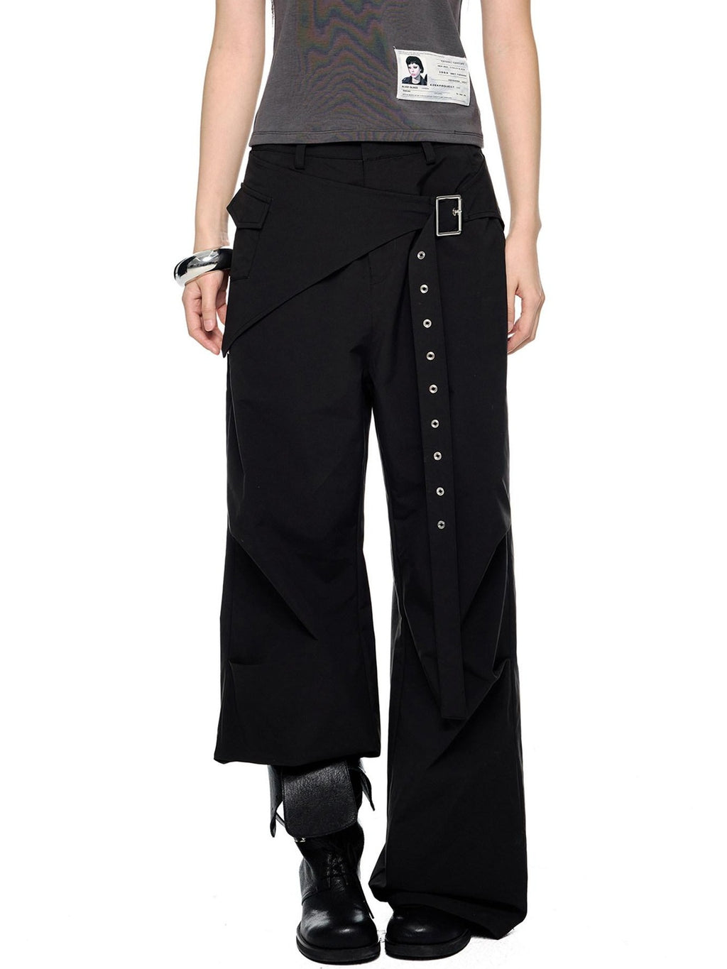 EZEK Black Patchwork Pleated Waist Pocket Casual Women's Polyester Straight-leg Pants