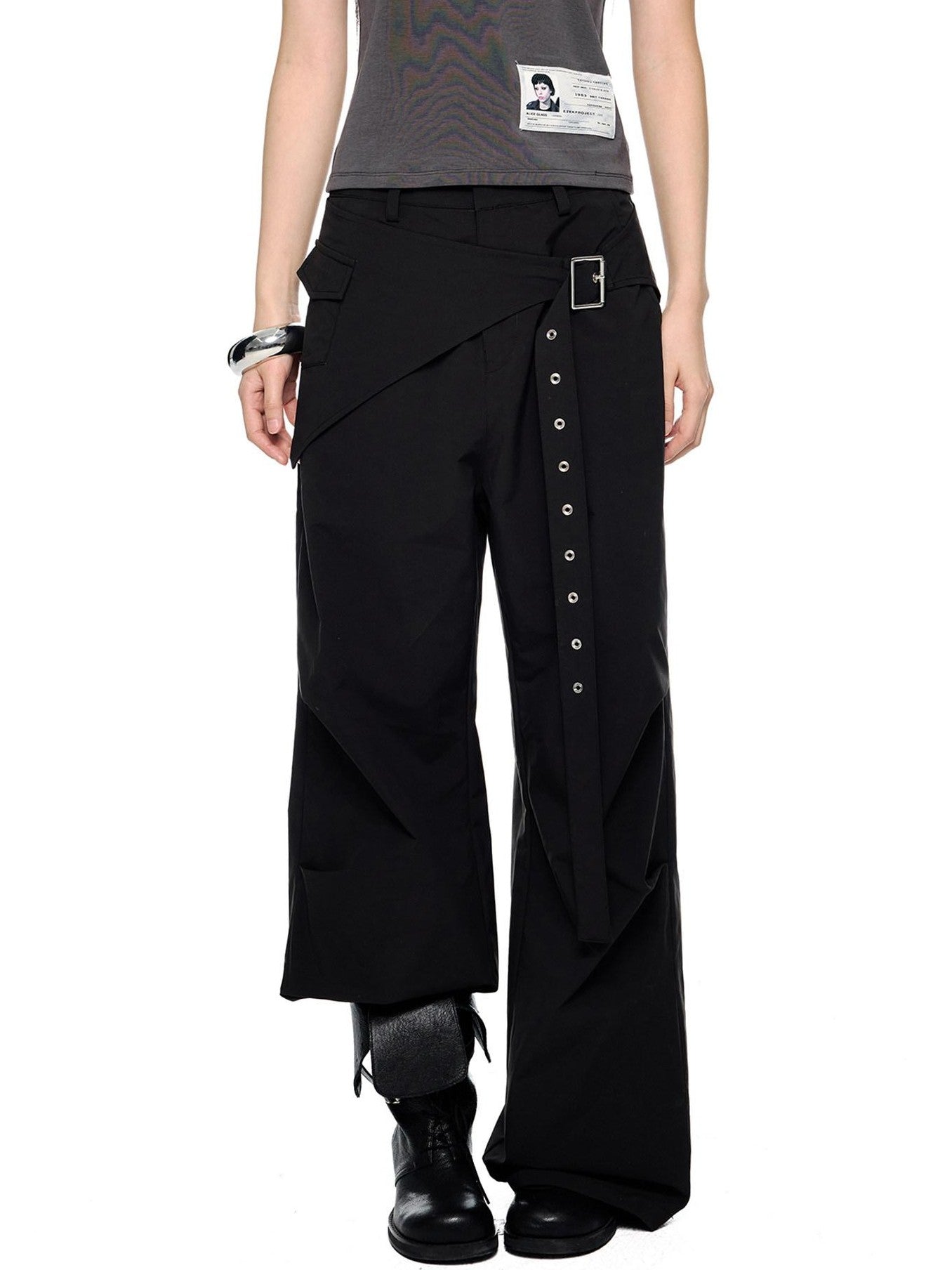 EZEK Black Patchwork Pleated Waist Pocket Casual Women's Polyester Straight-leg Pants