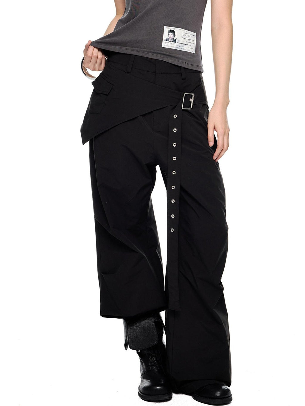 EZEK Black Patchwork Pleated Waist Pocket Casual Women's Polyester Straight-leg Pants