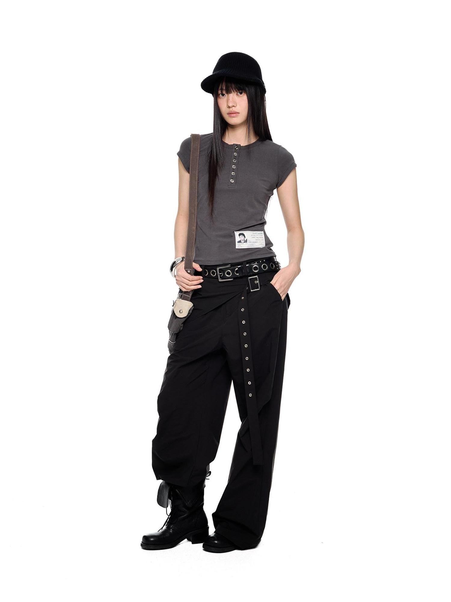 EZEK Black Patchwork Pleated Waist Pocket Casual Women's Polyester Straight-leg Pants