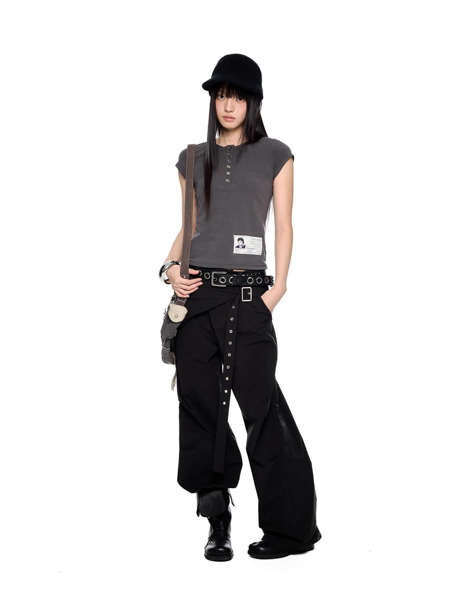 EZEK Black Patchwork Pleated Waist Pocket Casual Women's Polyester Straight-leg Pants
