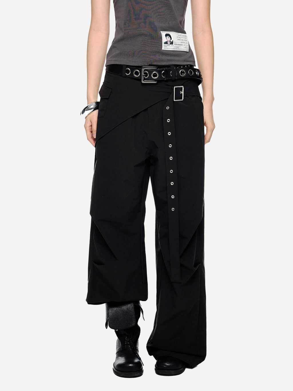 EZEK Black Patchwork Pleated Waist Pocket Casual Women's Polyester Straight-leg Pants