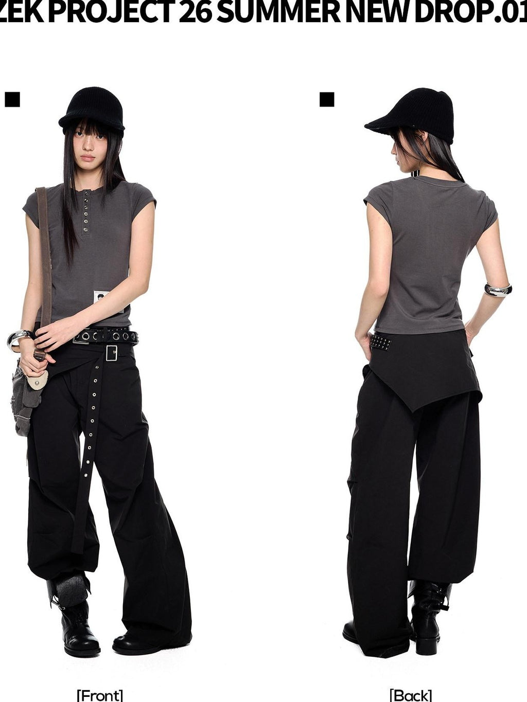 EZEK Black Patchwork Pleated Waist Pocket Casual Women's Polyester Straight-leg Pants