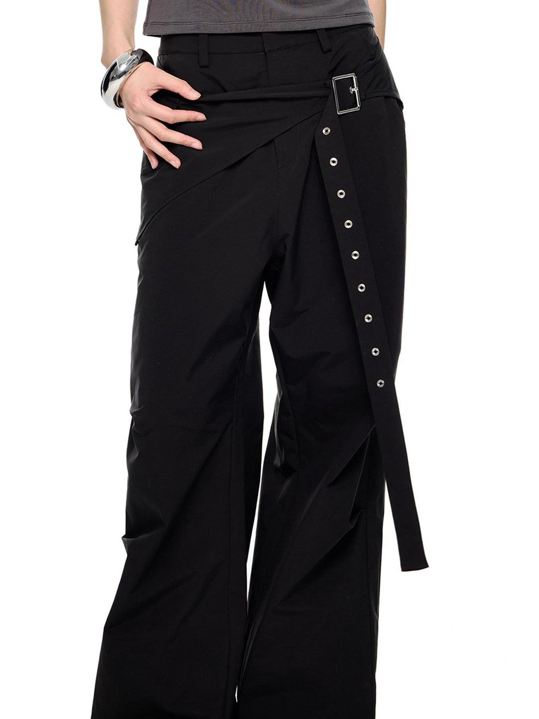 EZEK Black Patchwork Pleated Waist Pocket Casual Women's Polyester Straight-leg Pants