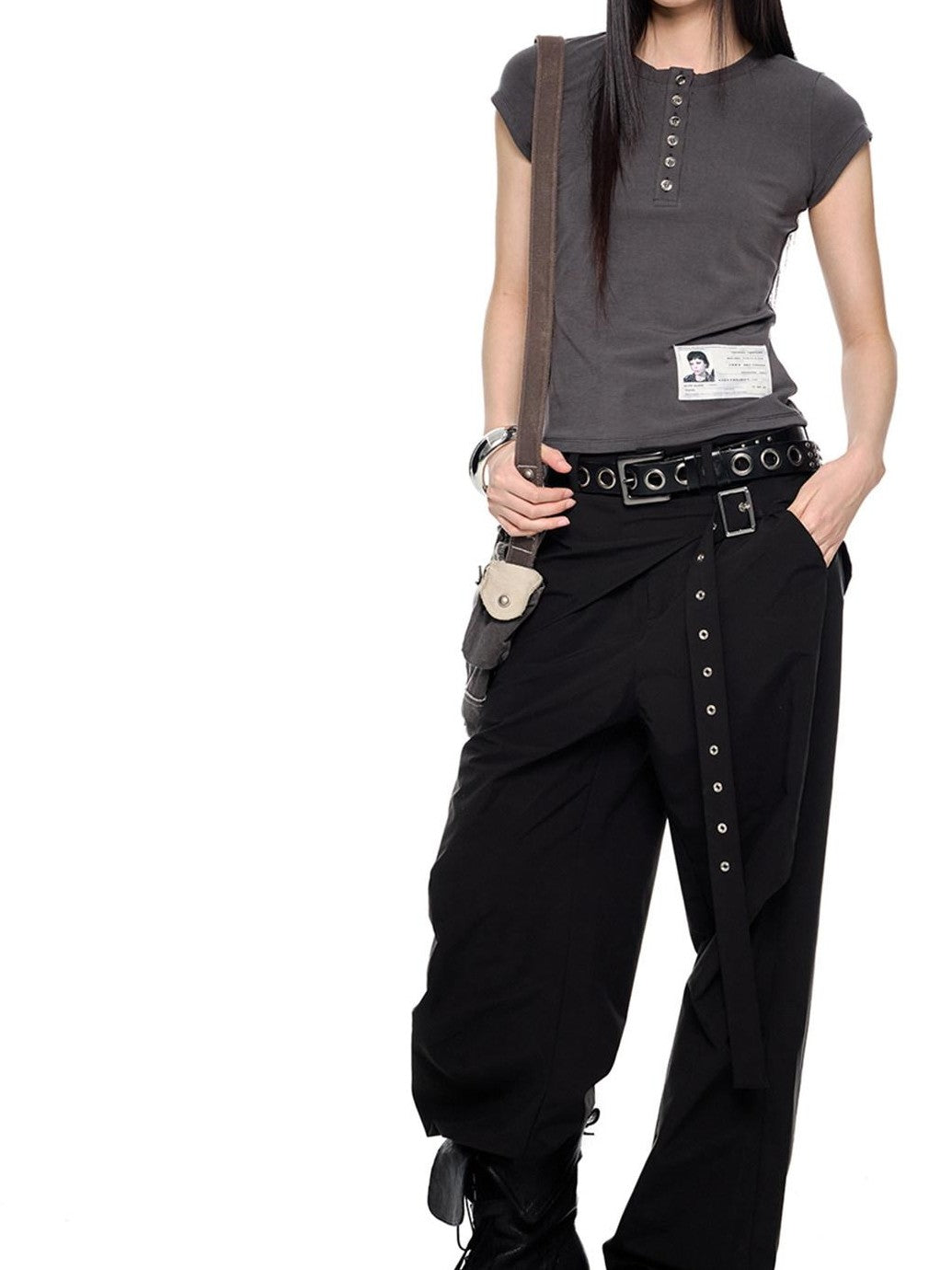 EZEK Black Patchwork Pleated Waist Pocket Casual Women's Polyester Straight-leg Pants